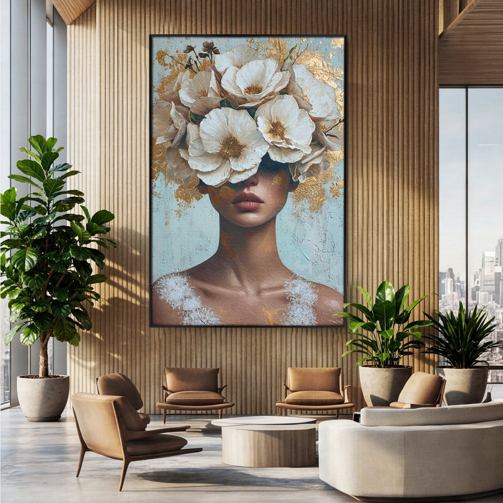 Tablou canvas cu tablou portret femeie cu flori albe, in rama de aluminiu negru, pe perete intr-un birou